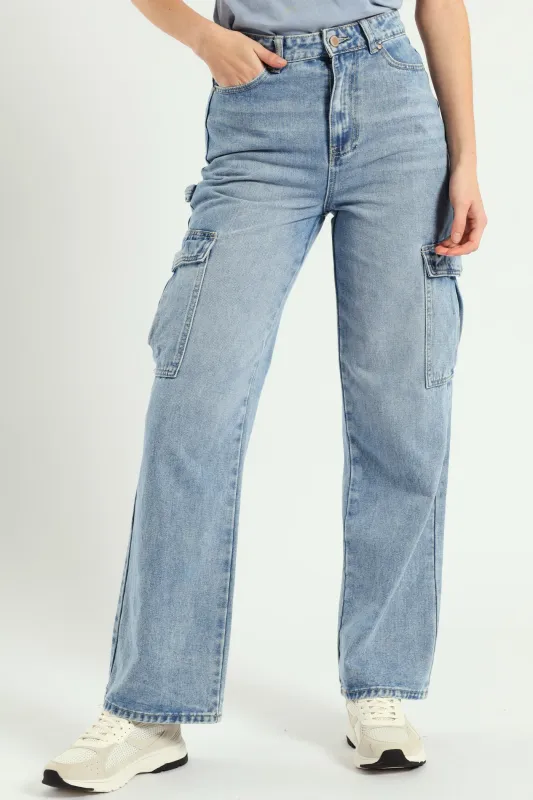 Wide Leg Pocket Cargo Denim - Light Wash sold by Edgars 