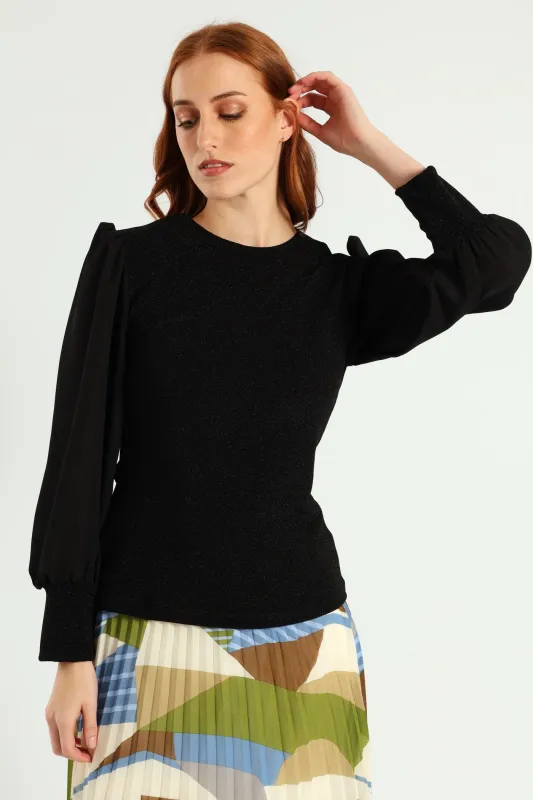 Crew Neck Shimmer Combo Blouse - Black sold by Edgars