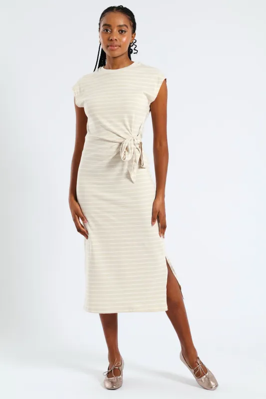 Knot Front Side Slit Midi T-Shirt Dress - Beige/Cream sold by Edgars