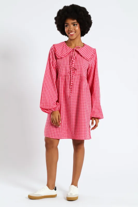 Bow & Collar Gingham Mini Dress - Red sold by Edgars 