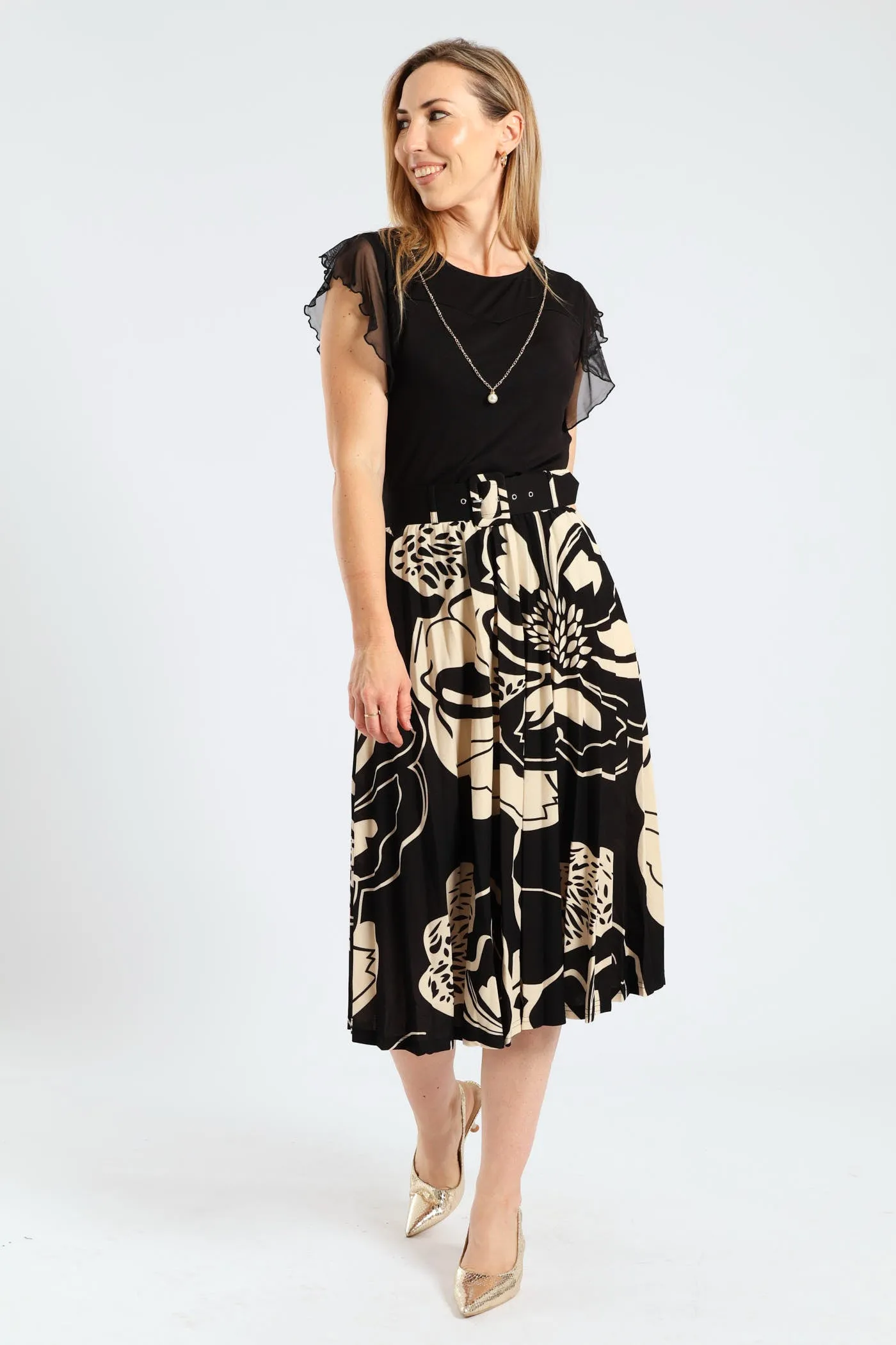 Floral Bold Pleated Midi Skirt - Black/Cream sold by Edgars