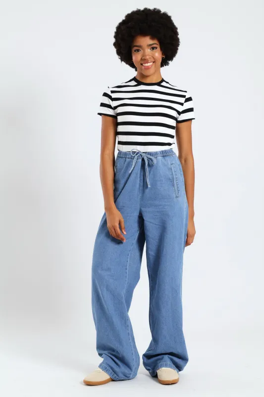 Drawcord Wide Leg Denim - Mid Blue sold by Edgars