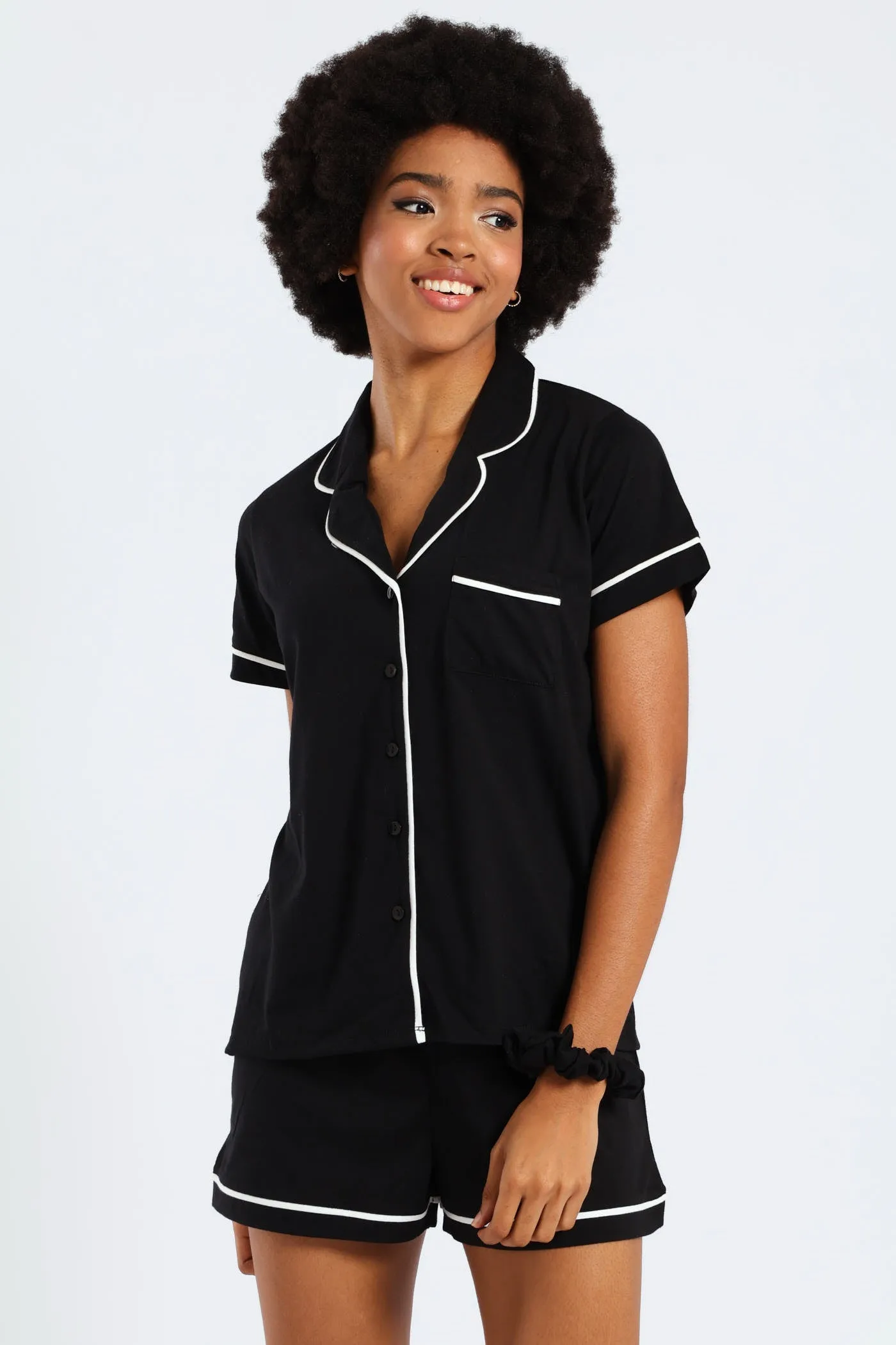 Button Through Knit Short Set With Scrunchie - Black sold by Edgars