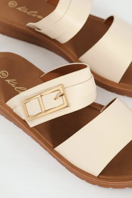 Buckle Detail Double Band Comfort Mule Sandal - Natural sold by Edgars 