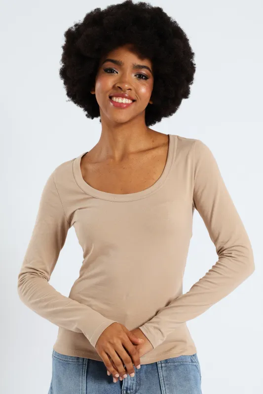 Long Sleeve Scoop Neck Basic Top - Stone sold by Edgars 
