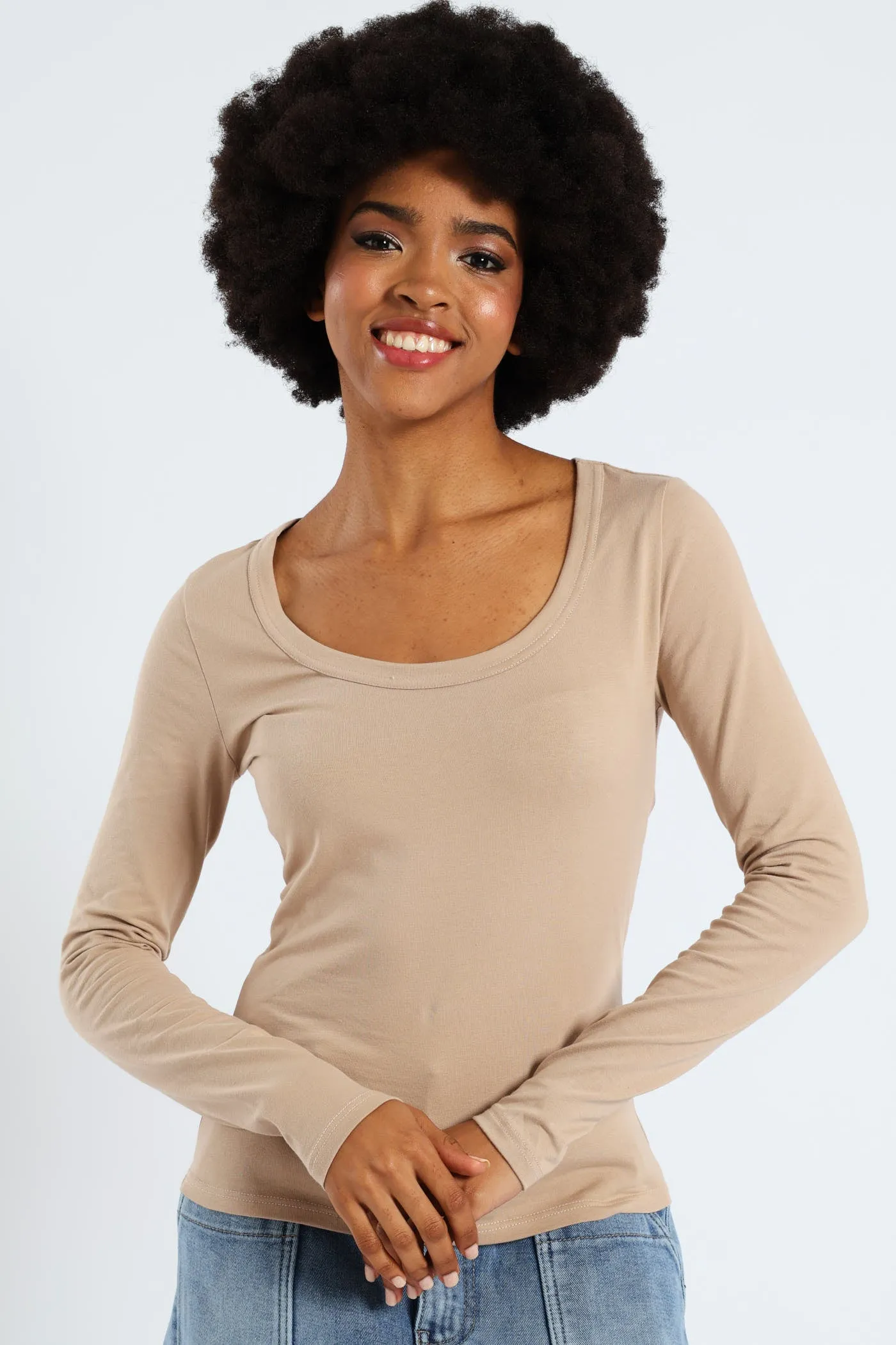 Long Sleeve Scoop Neck Basic Top - Stone sold by Edgars