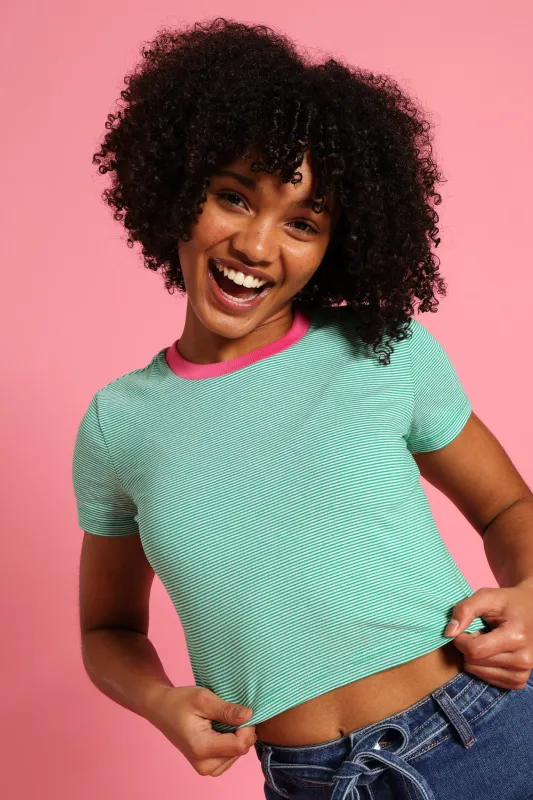 Girls Contrast Collar Basic Tee - White/Green sold by Edgars 
