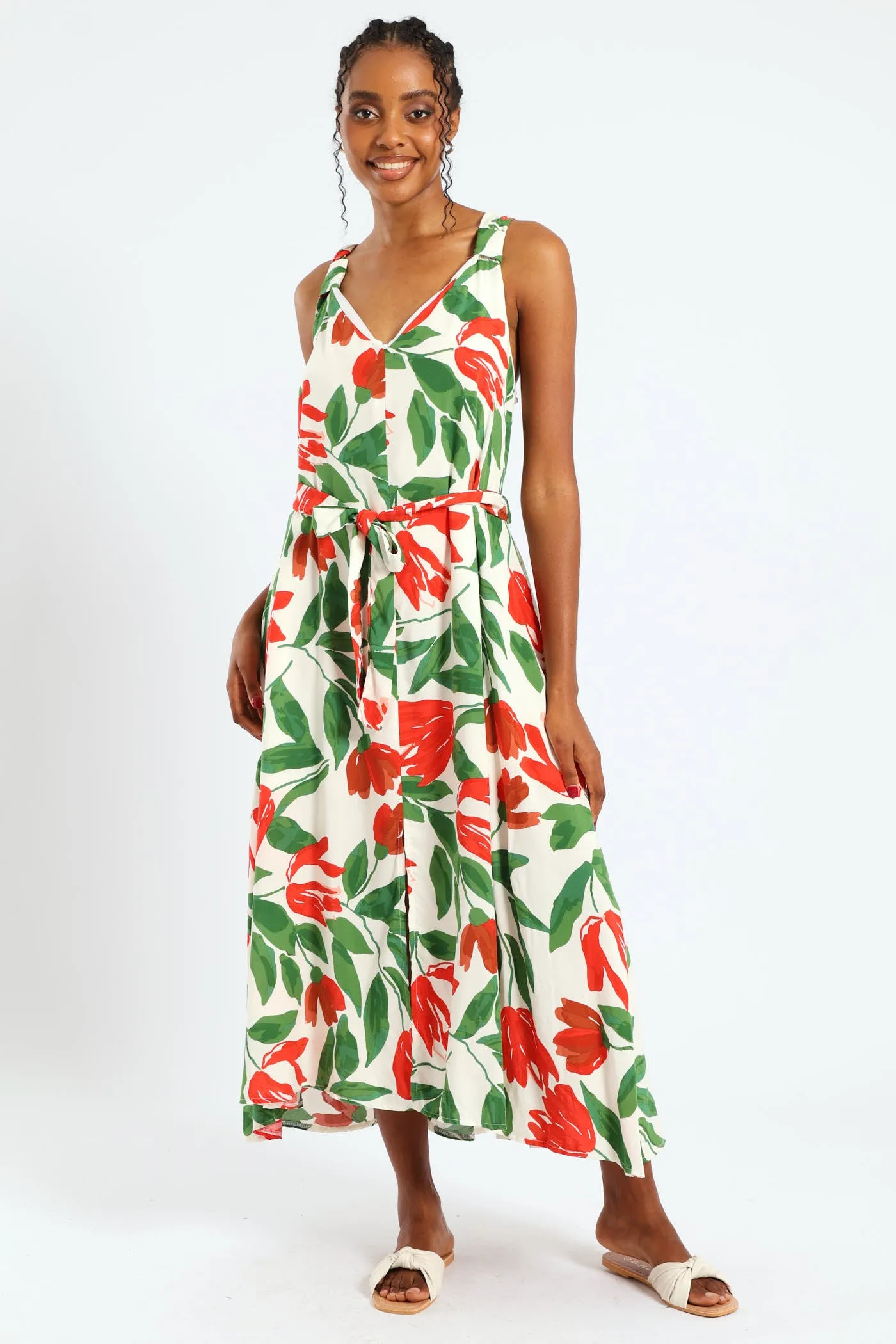 Sleeveless Wide Strap V-Neck Trapeze Midi Dress - Multi sold by Edgars
