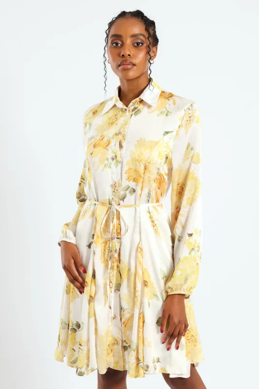 Button Through Belted Godet Tea Dress - Cream sold by Edgars 