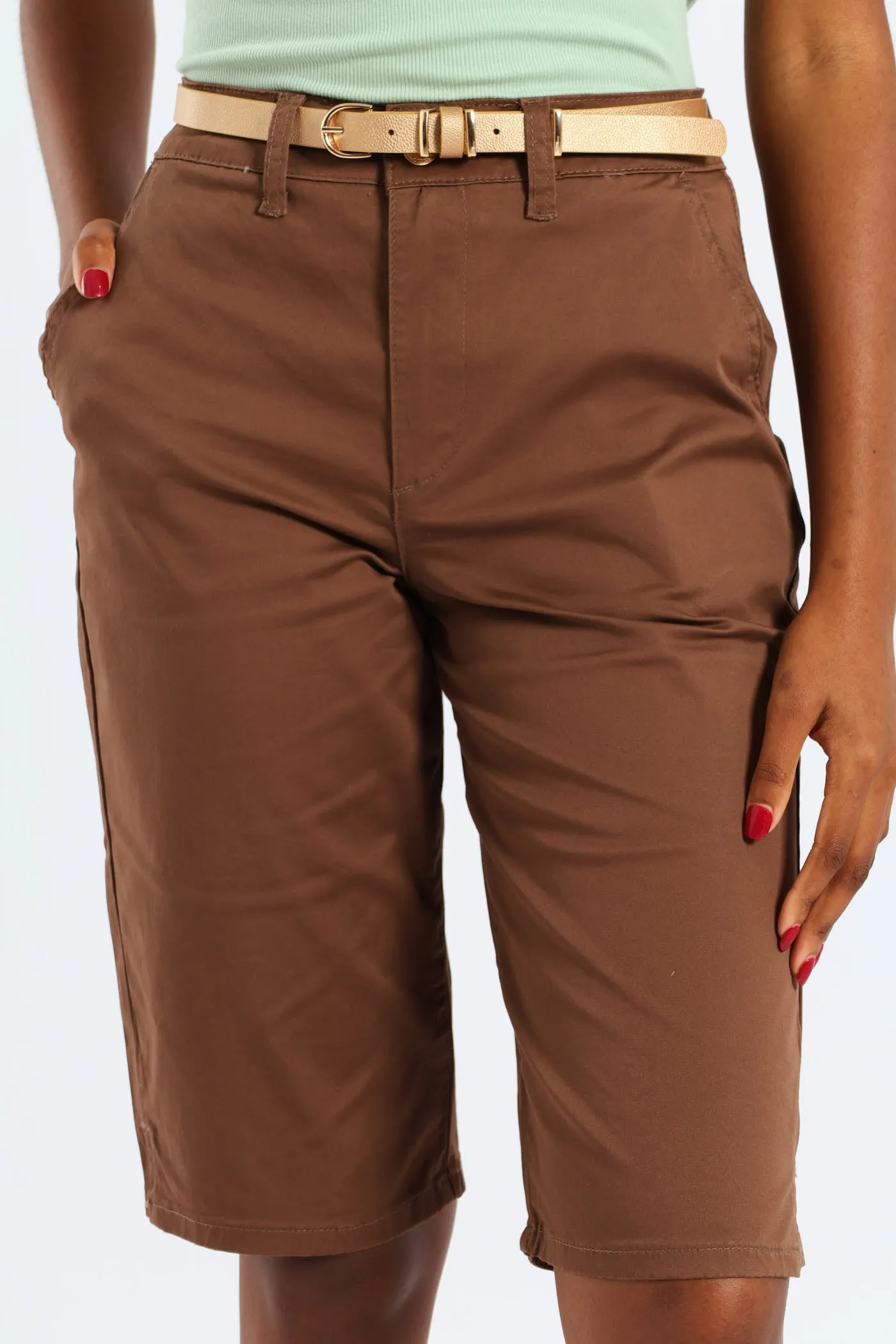 Belted Sateen Bermuda Chino Shorts - Mocha sold by Edgars