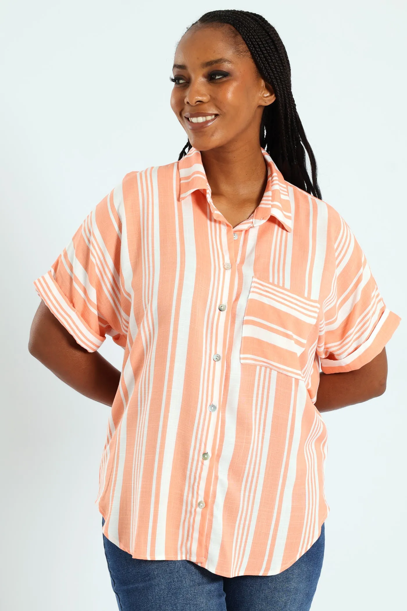 Short Sleeve Stripe Easywearing Shirt - Coral sold by Edgars