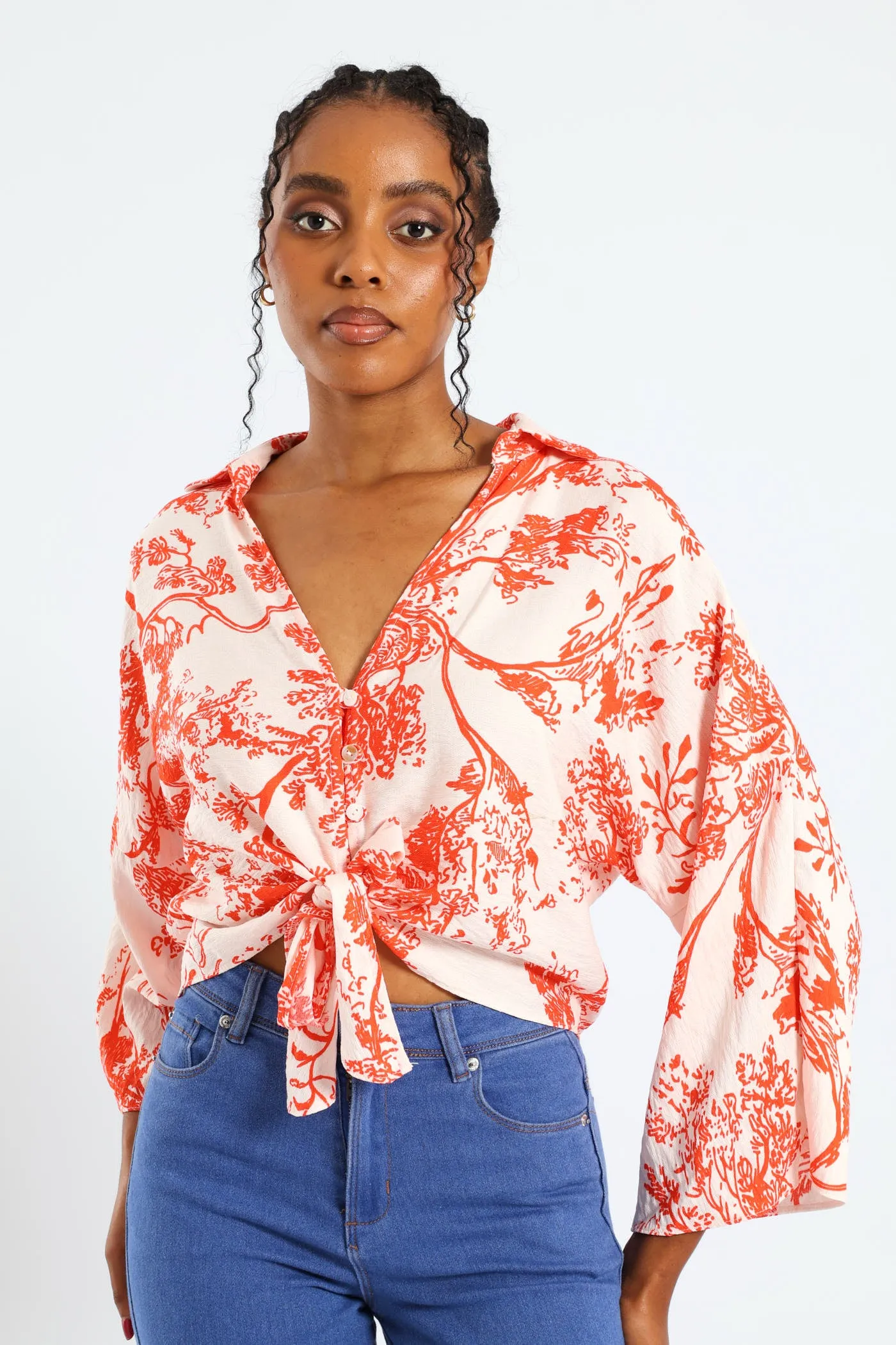 3/4 Sleeve Tie Front Linen Shirt - White/Orange sold by Edgars