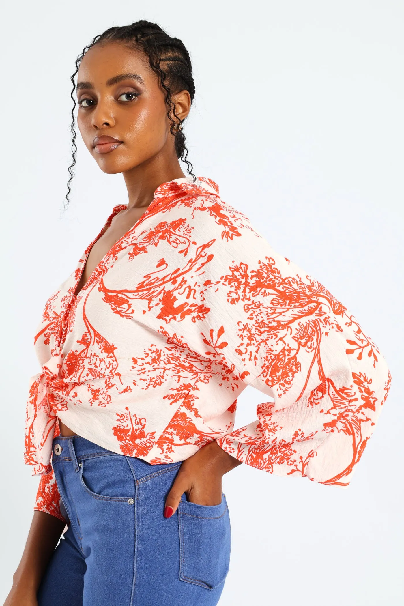 3/4 Sleeve Tie Front Linen Shirt - White/Orange sold by Edgars product image thumbnail 2