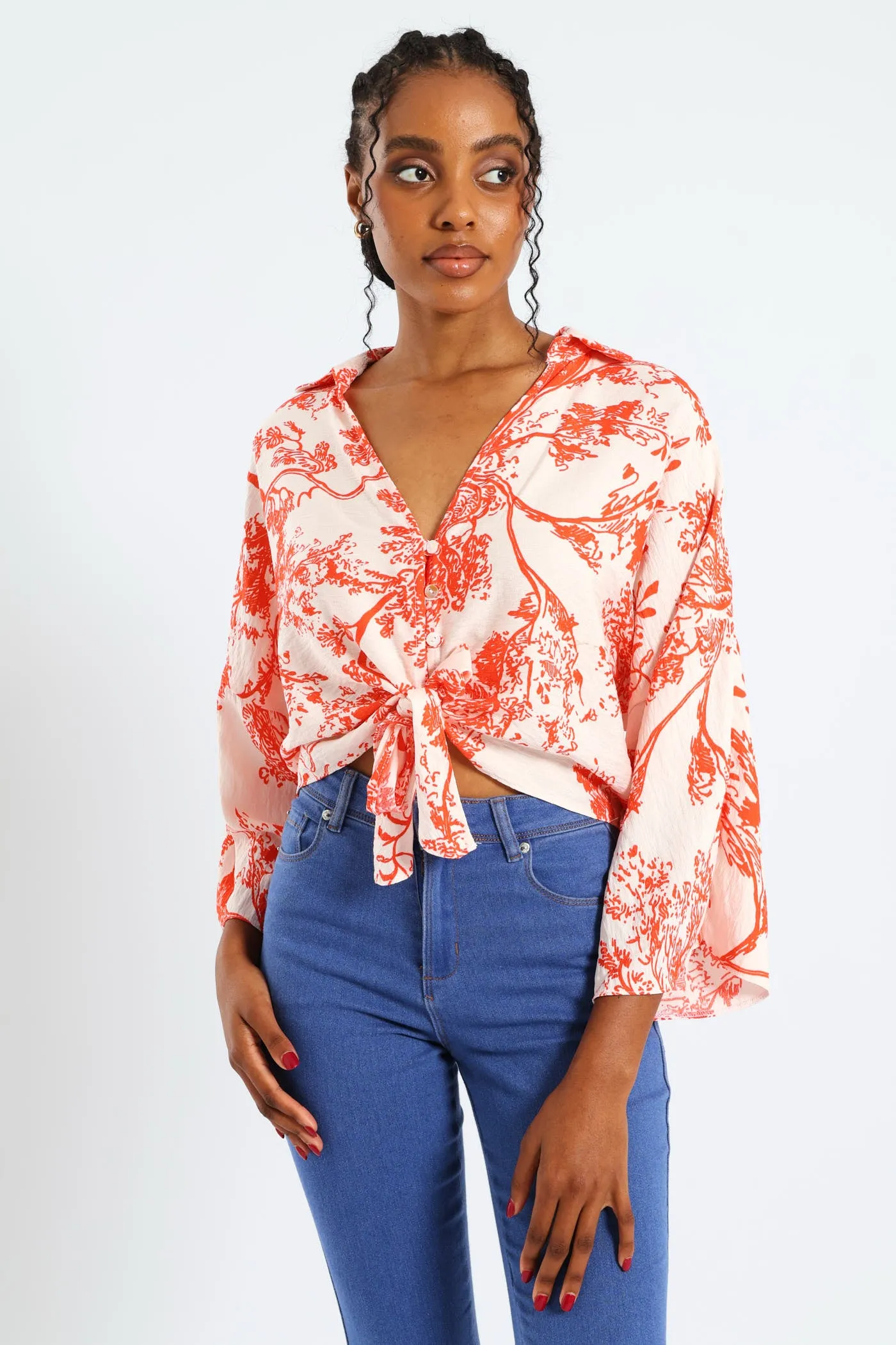 3/4 Sleeve Tie Front Linen Shirt - White/Orange sold by Edgars product image thumbnail 5