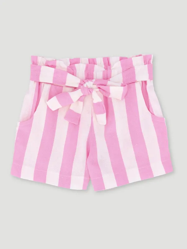 Pre-Girls Paper Bag Stripe Linen Short - Pink sold by Edgars