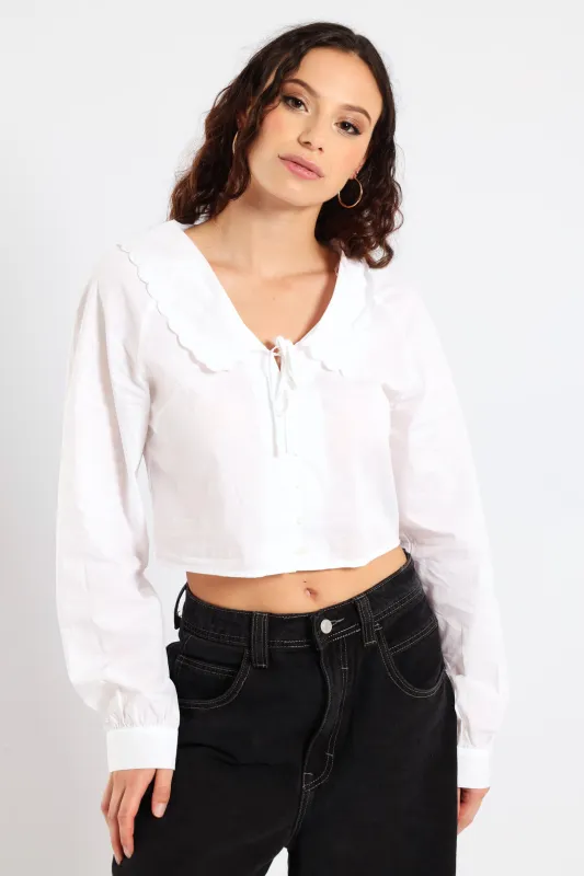 Long Sleeve Scallop Collar Shirt - White sold by Edgars