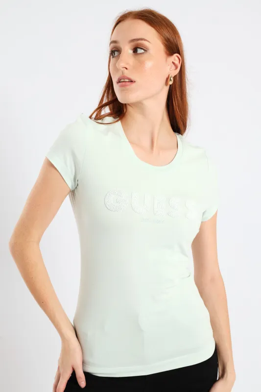 Short Sleeve Logo String Pearl Beads Tee - Teal sold by Edgars