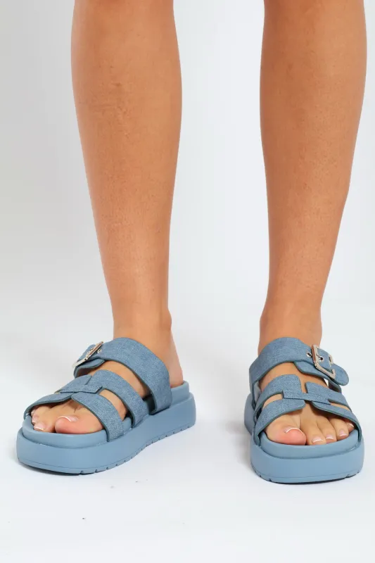 Flatform Buckle Detail H-Mule Sandal - Denim sold by Edgars