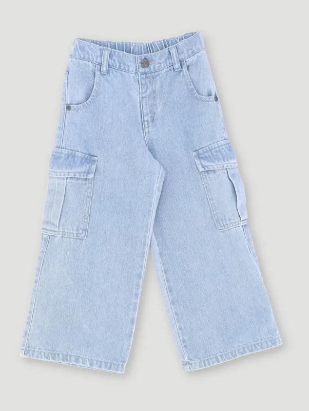 Pre-Girls Wide Leg Cargo Denim - Light Blue sold by Edgars 