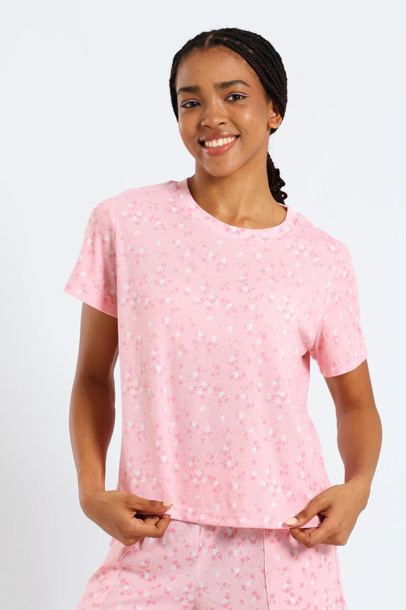 Rib Knit Ditsy Tee - Pink sold by Edgars
