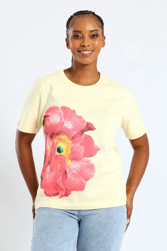 Short Sleeve Boxy Floral Placement Printed Tee  - Pastel Yellow sold by Edgars 