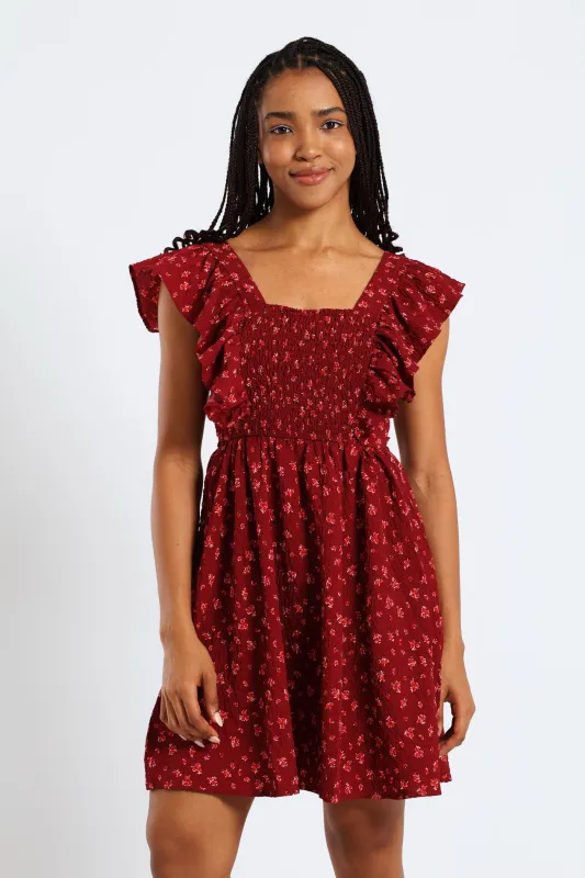 Frill Smock Mini Dress - Dark Burgandy sold by Edgars