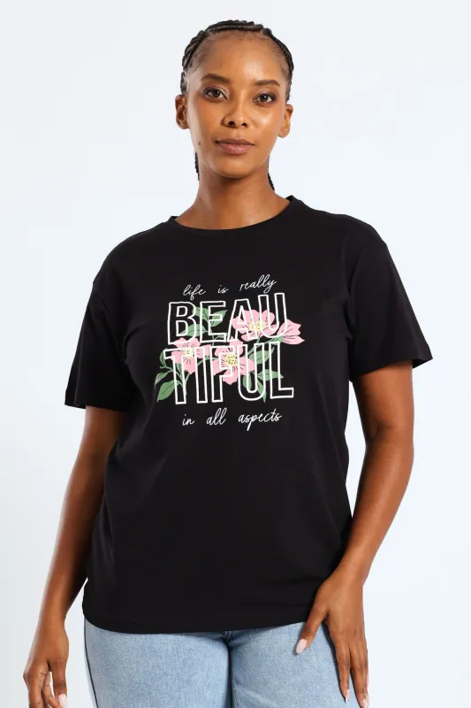 Short Sleeve Life Is Really Beautiful Flower Puff Regular Tee - Black sold by Edgars