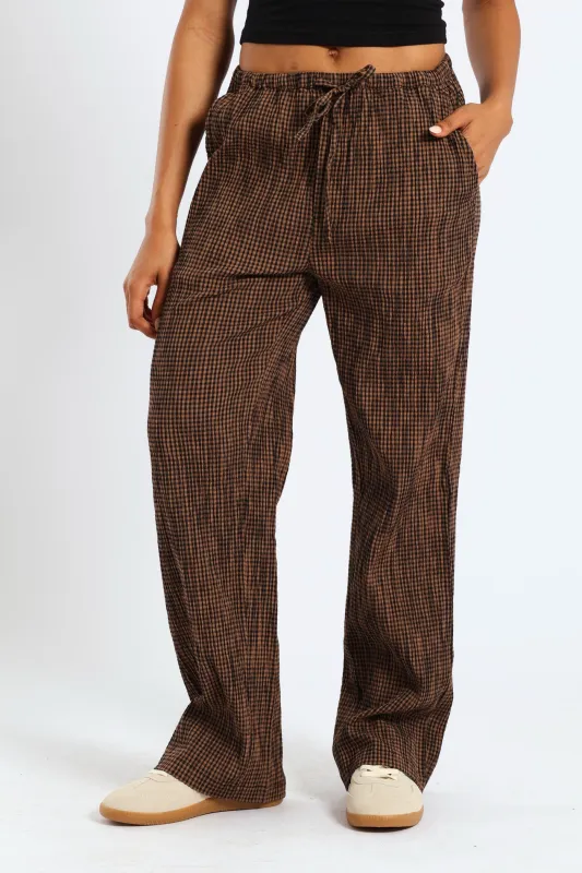 Gingham Check Elastic Wide Leg Pants - Chocolate sold by Edgars