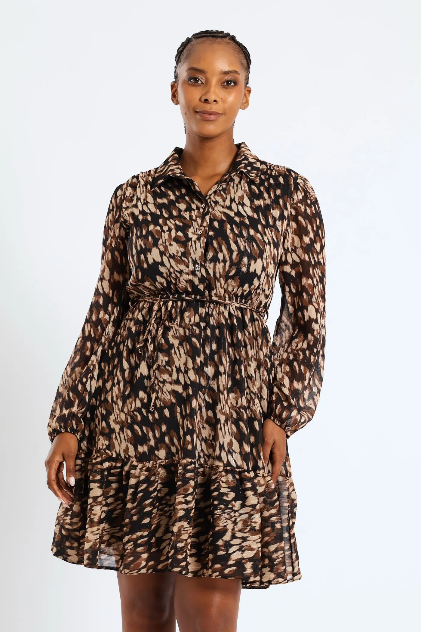 Button Through Tiered Monochrome Floral Tea Dress - Black sold by Edgars