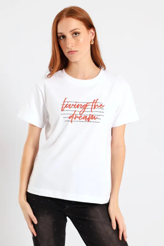 Short Sleeve Living The Dream Embroidered Regular Tee - White sold by Edgars