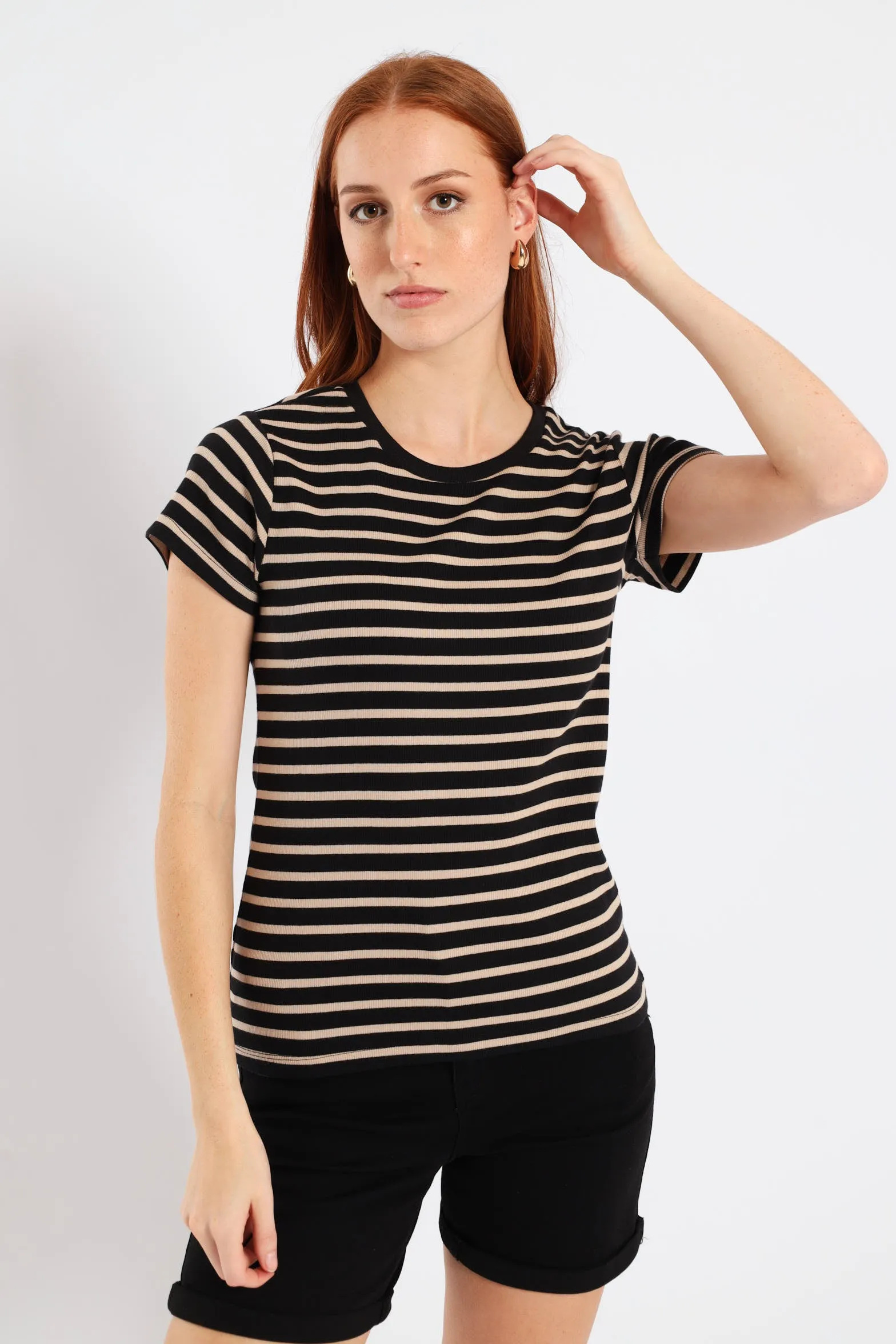 Short Sleeve Rib Fitted Stripe Tee - Black/Beige sold by Edgars