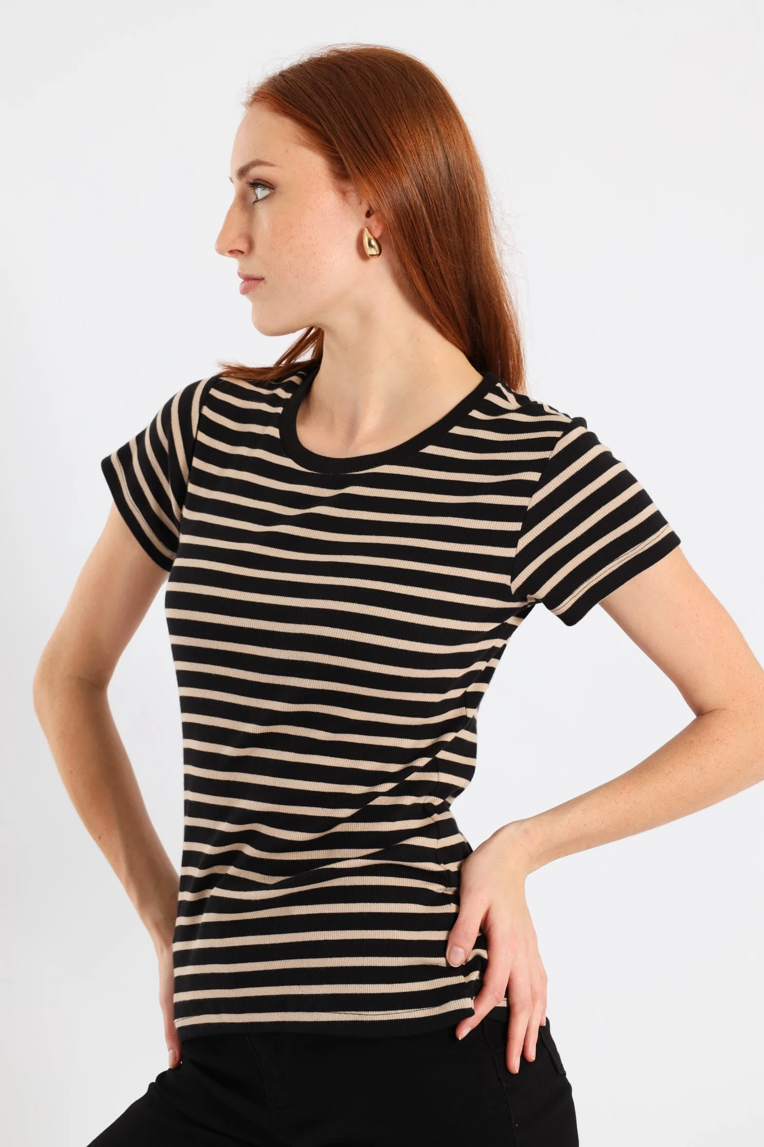 Short Sleeve Rib Fitted Stripe Tee - Black/Beige sold by Edgars product image thumbnail 3