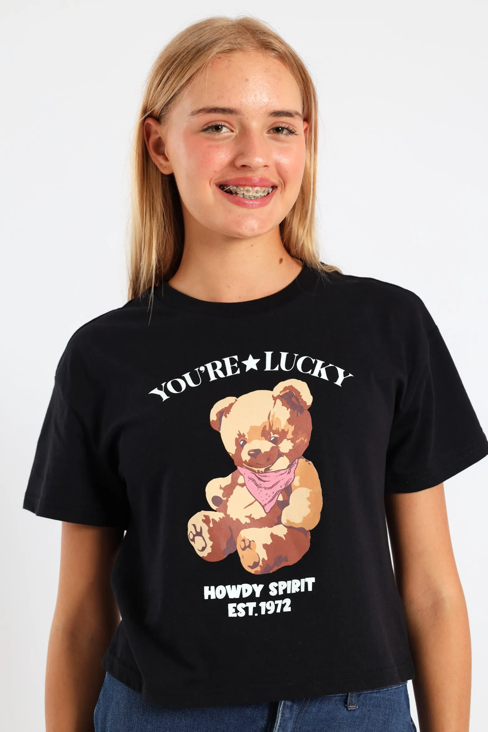 Girls Boxy Teddy Tee - Black sold by Edgars