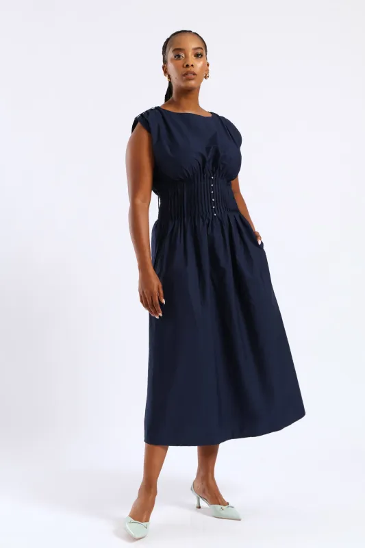 Pintuck Waist Boat Neck Fit & Flare Midaxi Dresses - Navy sold by Edgars