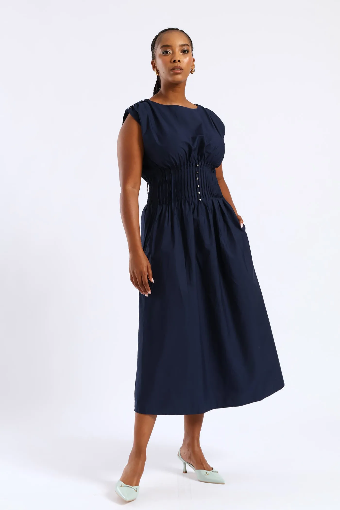 Pintuck Waist Boat Neck Fit & Flare Midaxi Dresses - Navy sold by Edgars