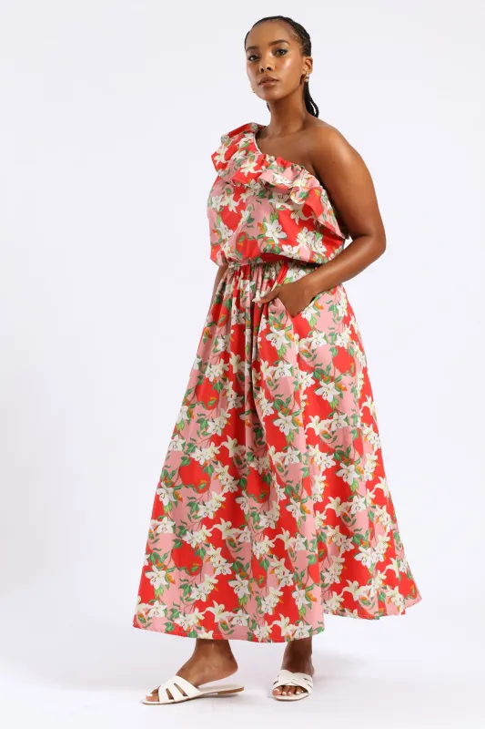Structured Wide Hem Floral Flared Midi Skirt - Red/Pink sold by Edgars