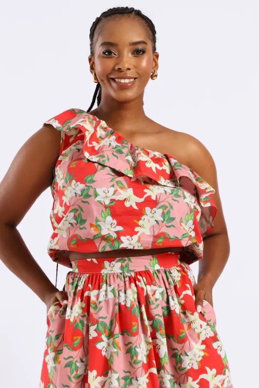 One Shoulder Floral Frill Top - Red/Pink sold by Edgars