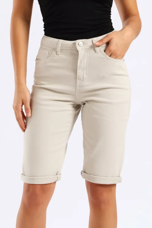 Classic Roll Hem Bermuda Denim Short - Stone sold by Edgars