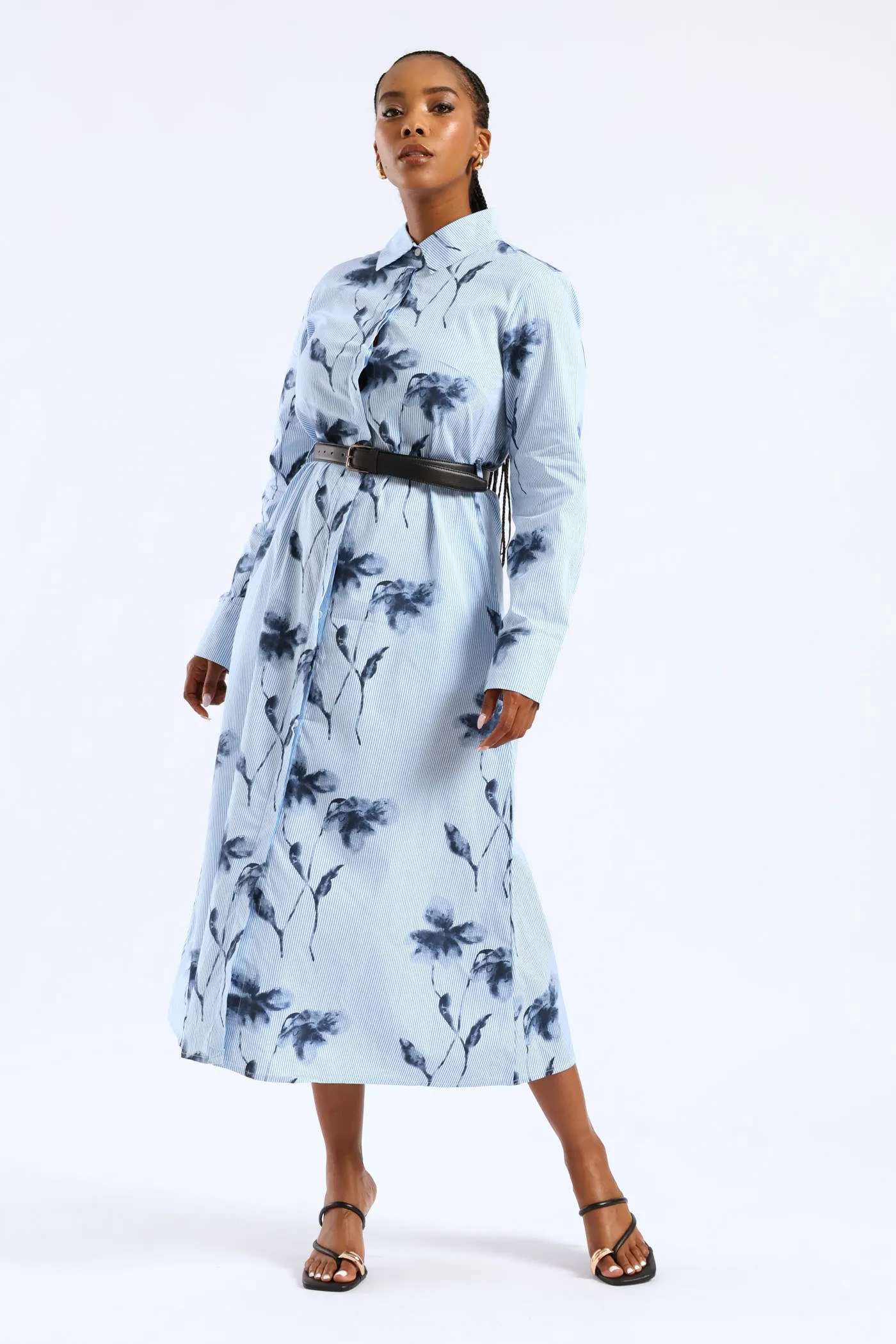 Belted Striped Floral Maxi Shirt Dress - Blue sold by Edgars