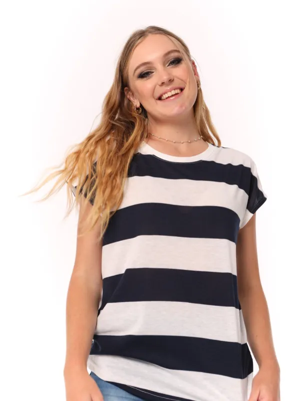 Ladies Bold Stripe Relaxed Fit Top - White/Navy sold by Edgars 