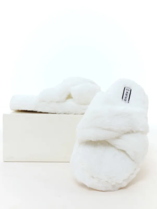 Ladies Thick Fur Cross-Over Push-In Mule Slipper - White sold by Edgars 