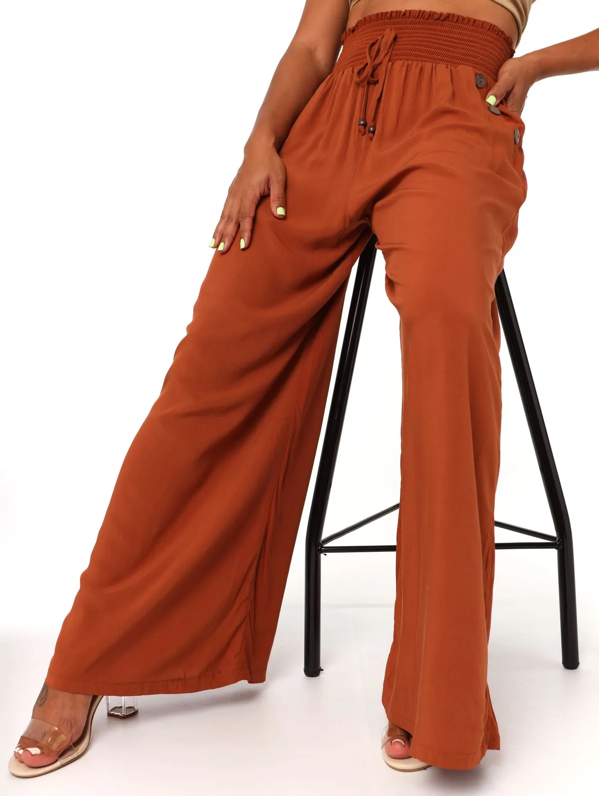 Ladies Shirred Button Detail Wideleg Pant - Rust sold by Edgars