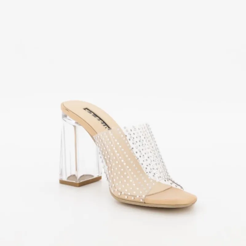 Ladies Embellished Cage Vinyl Block Heel - Clear sold by Edgars 