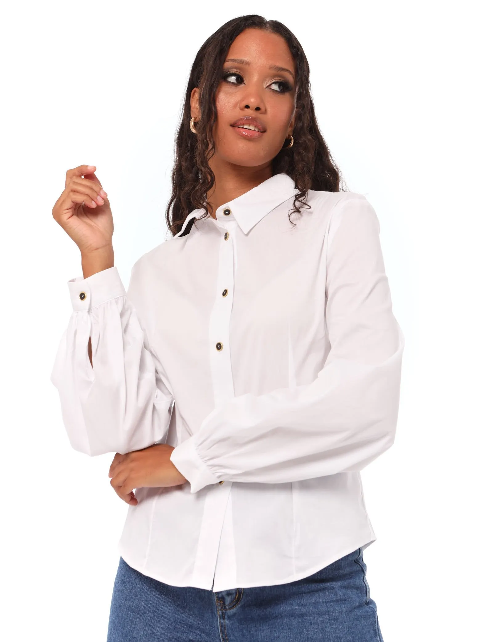Ladies Slim Fit Button Detail Shirt - White sold by Edgars
