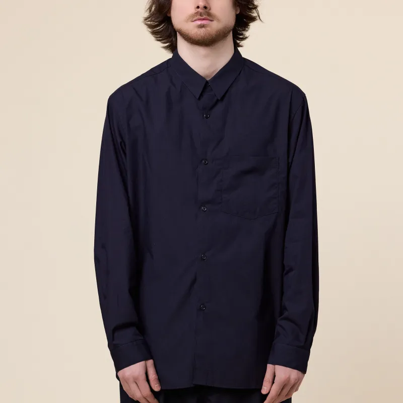 Still by Hand - Regular Collar Broadcloth Shirt - Navy Stripe made by STILL BY HAND