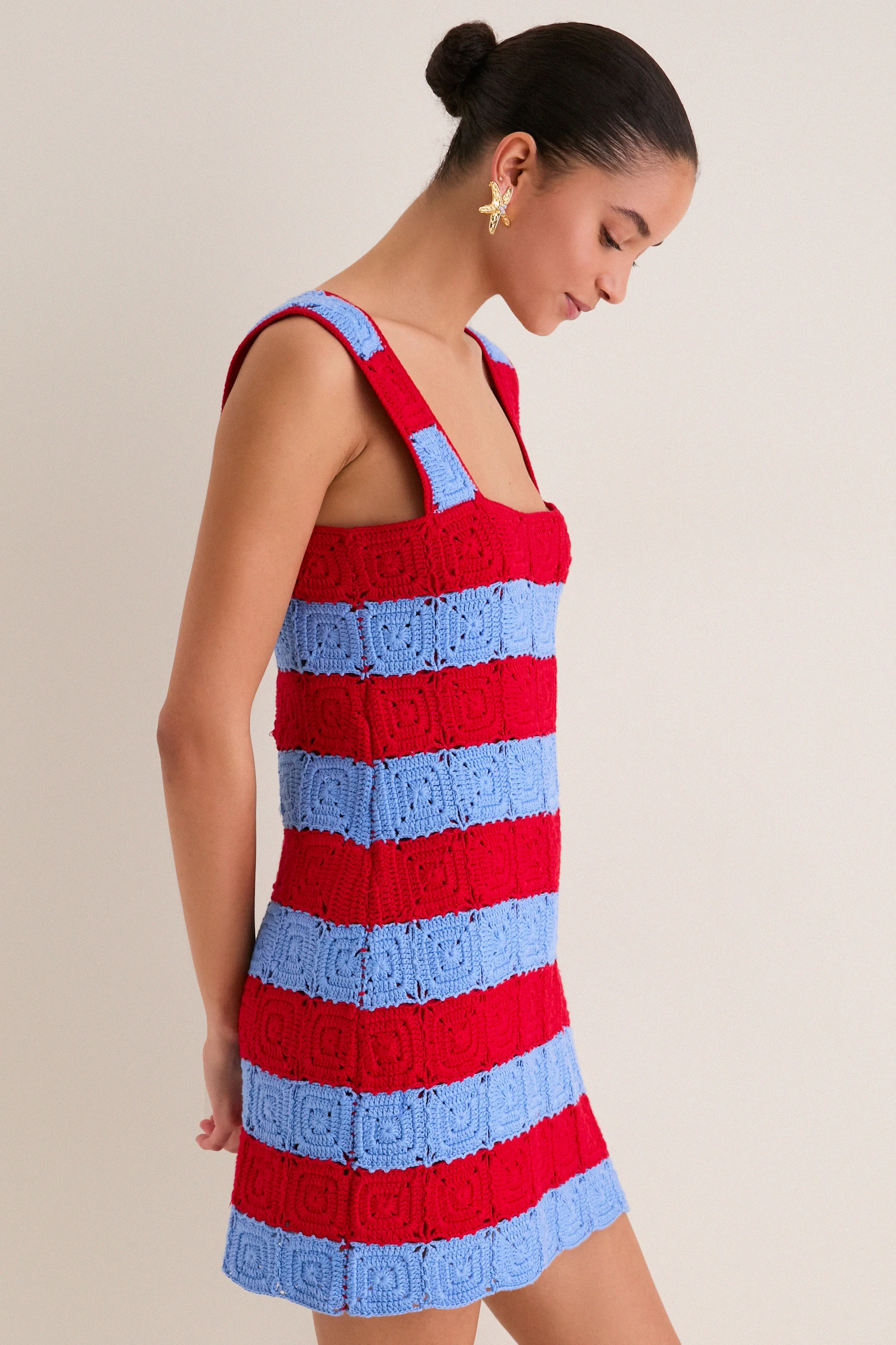 Cornflower Blue & Red Crochet Cooper Mini Dress sold by Hyacinth House product image thumbnail 3
