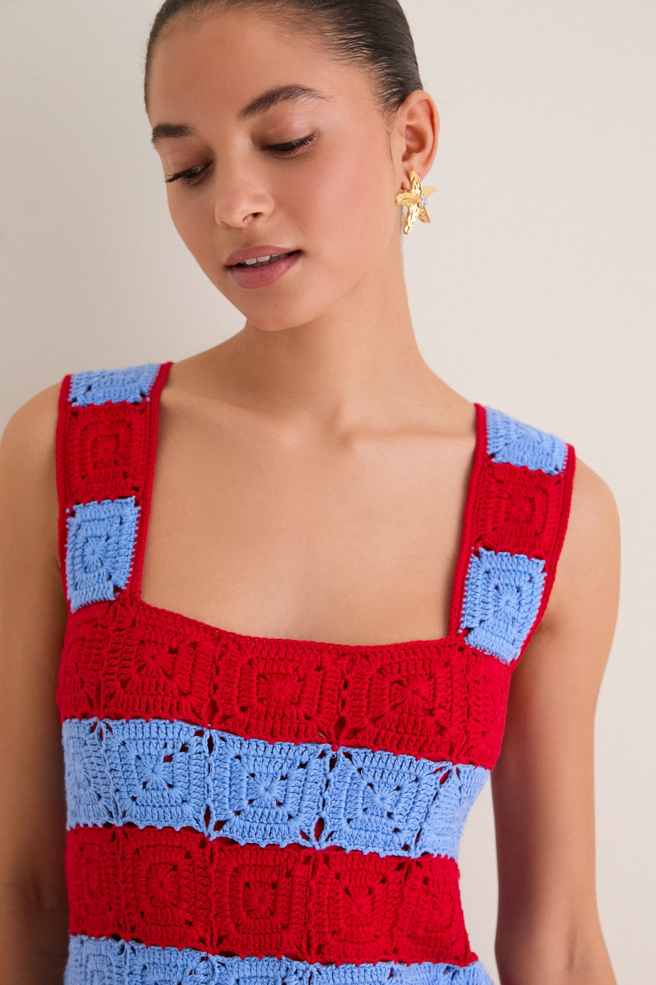 Cornflower Blue & Red Crochet Cooper Mini Dress sold by Hyacinth House product image thumbnail 5