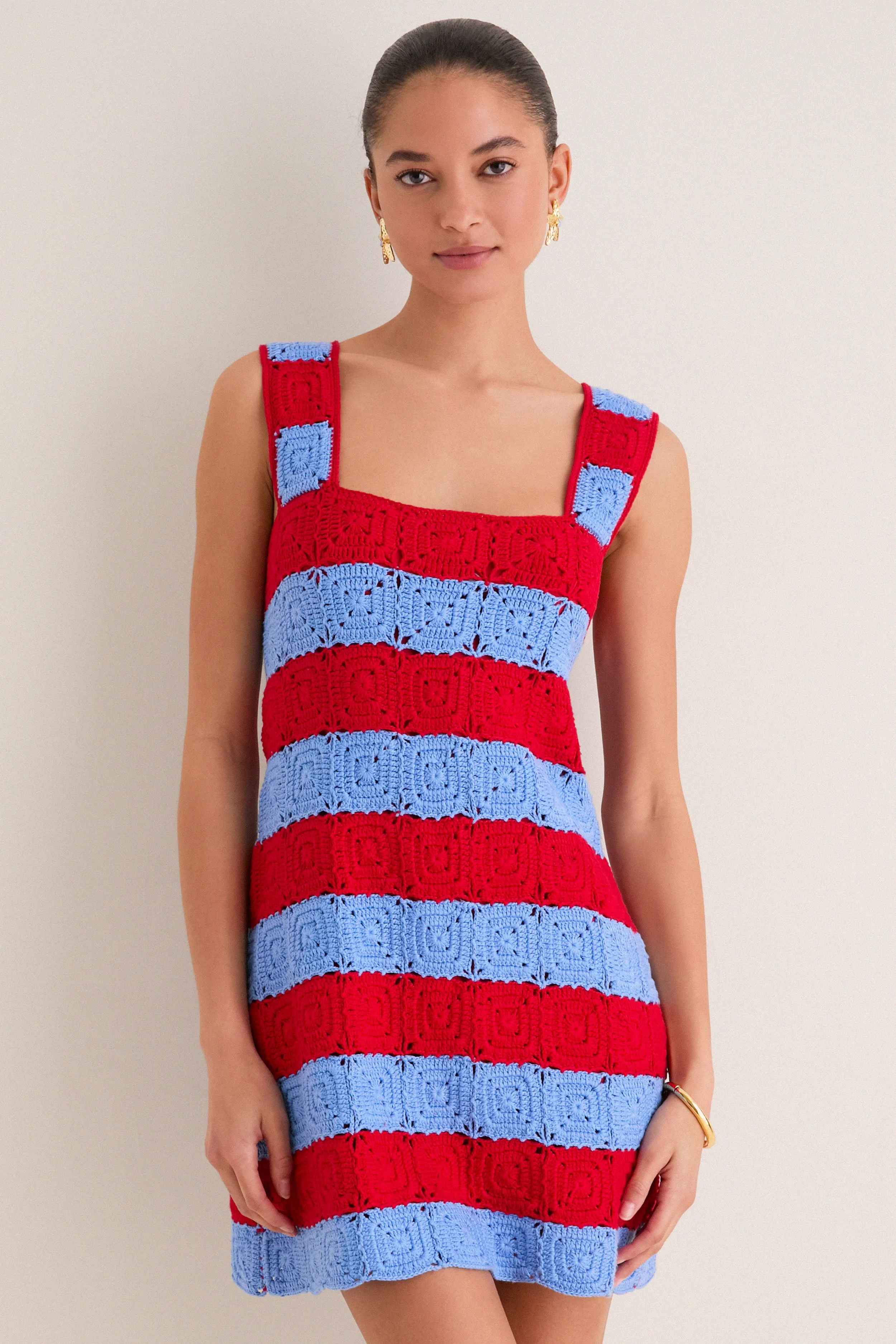 Cornflower Blue & Red Crochet Cooper Mini Dress sold by Hyacinth House