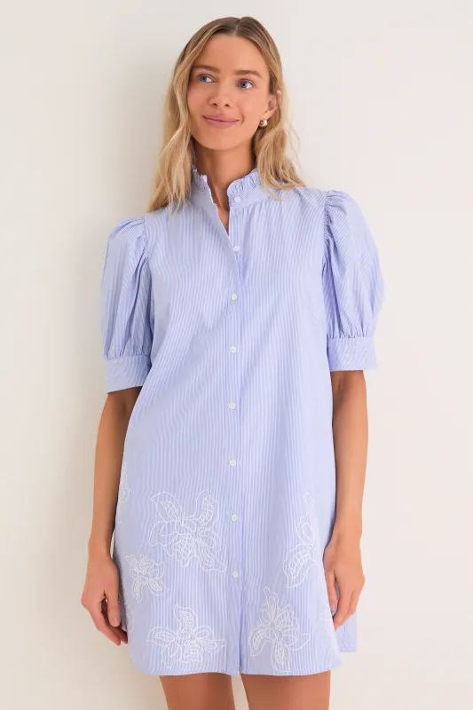 Blue Embroidered Pinstripe Louisa Mini Dress made by Hyacinth House