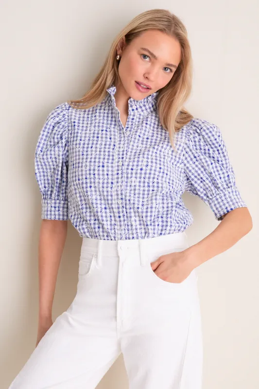Blue Embroidered Gingham Louisa Blouse made by Hyacinth House